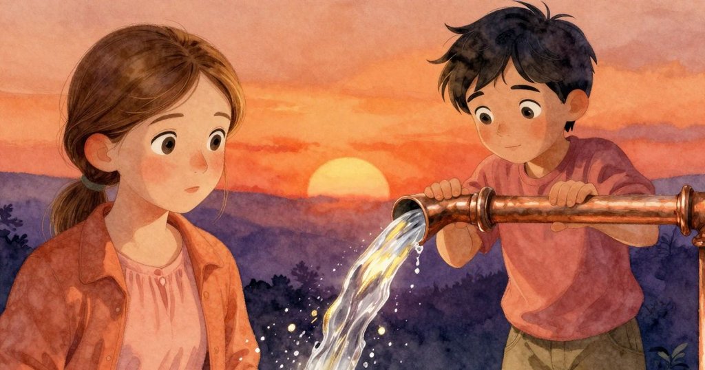 雨量計溢水瞬間，水珠沿銅管形成銀色絲帶，Vita和Lyle忙於調整，動感十足展現實驗高潮