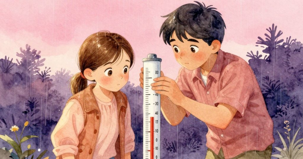 Vita和Lyle在雨量計前合力調整並記錄數據，柔和光線中露出滿足笑容，共同完成實驗，環境靜謐溫暖