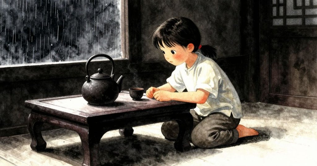 莉奧拉在溫馨茶室內跪於低桌旁，輕觸黏土茶壺感受溫度，窗外雨滴有節奏地落下，氛圍充滿詩意