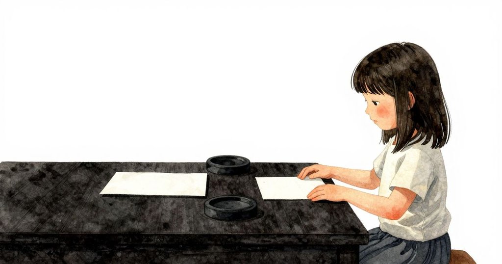 艾絲梅在桌上精心擺放宣紙與硯石，桌面廣闊留白，營造出靜謐而專注的創作氛圍