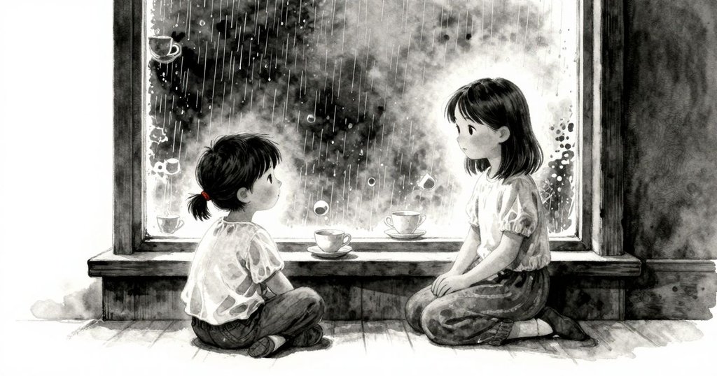 室內茶室窗外雨勢加強，遠處寺鐘迴響，茶杯因震動輕微顫抖，營造出融合內外的氛圍