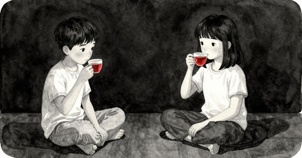 莉奧拉與艾絲梅靜坐於茶室內，共飲淡茶，茶杯微顫而靜謐，彼此共享寧靜與默契的結局