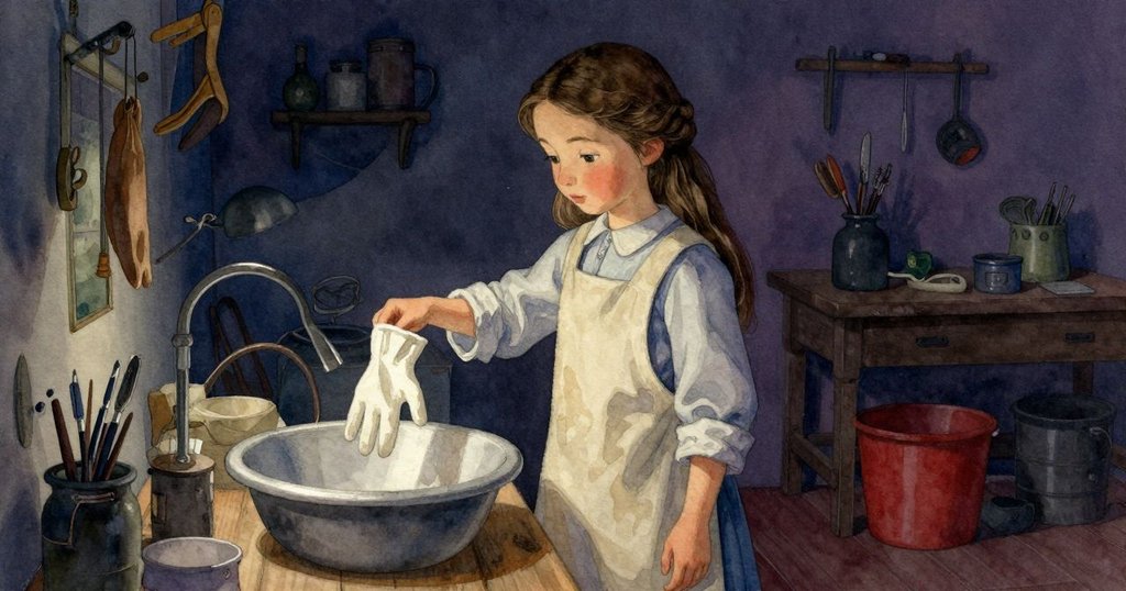 克拉拉站在工作室內，注視著洗滌盆中漂浮著的棉手套，神情平靜，環境充滿溫暖與細膩木質質感