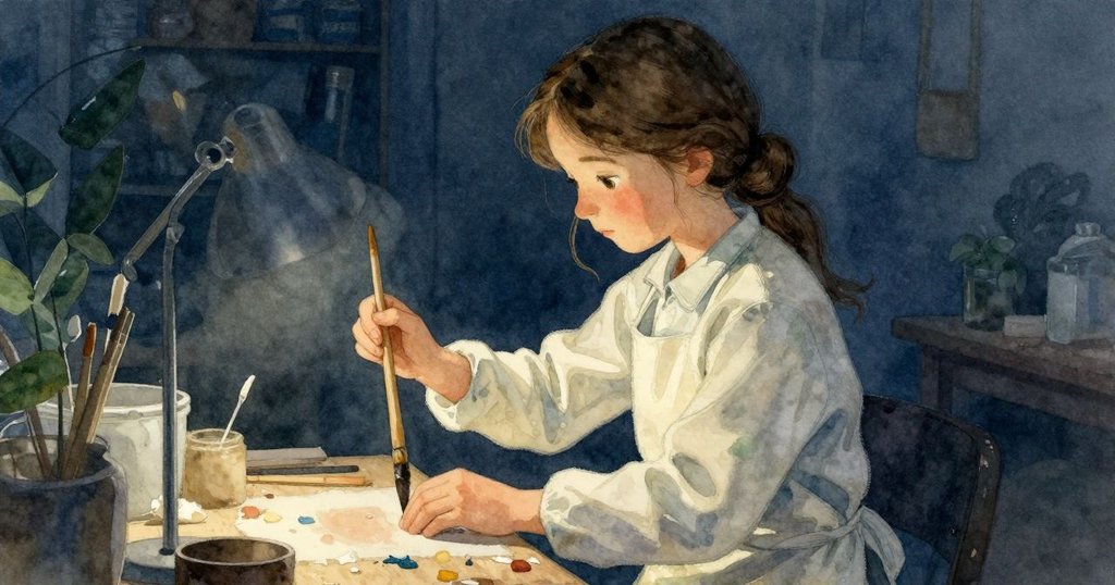 克拉拉專心操作轉台，手持馬毛刷細緻地展現動作，工作室內光影柔和，手部細節清晰