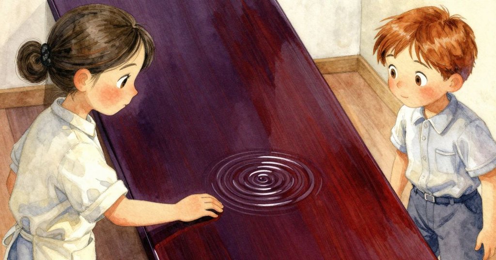 從主觀視角觀察到光漆上橫向細紋，克拉拉與露比靠近細看，窗外啄木鳥節奏輕敲，氛圍凝重