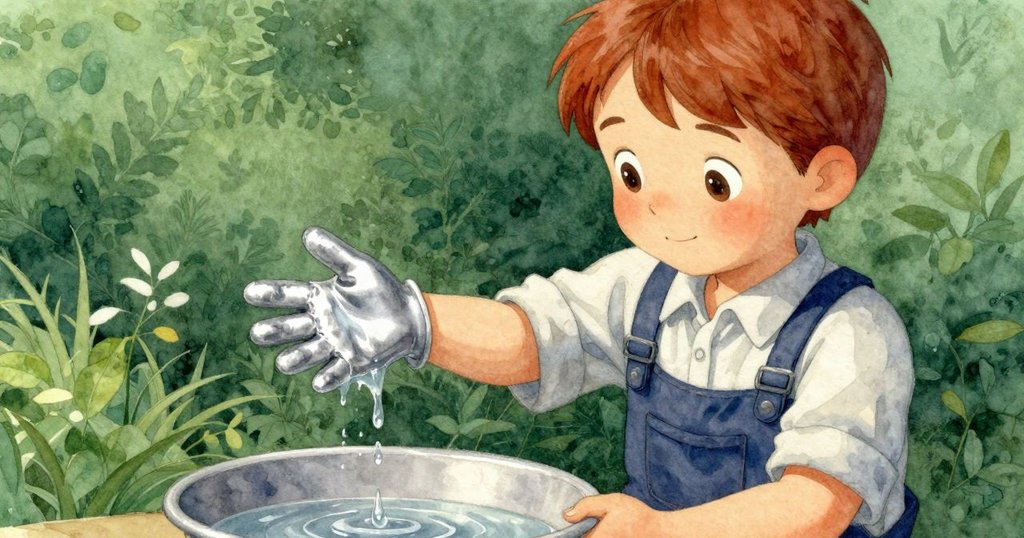 露比小心地從洗滌盆中提起潮濕棉手套，水珠滴落形成微妙漣漪，動作細膩傳達工作的靜謐結尾