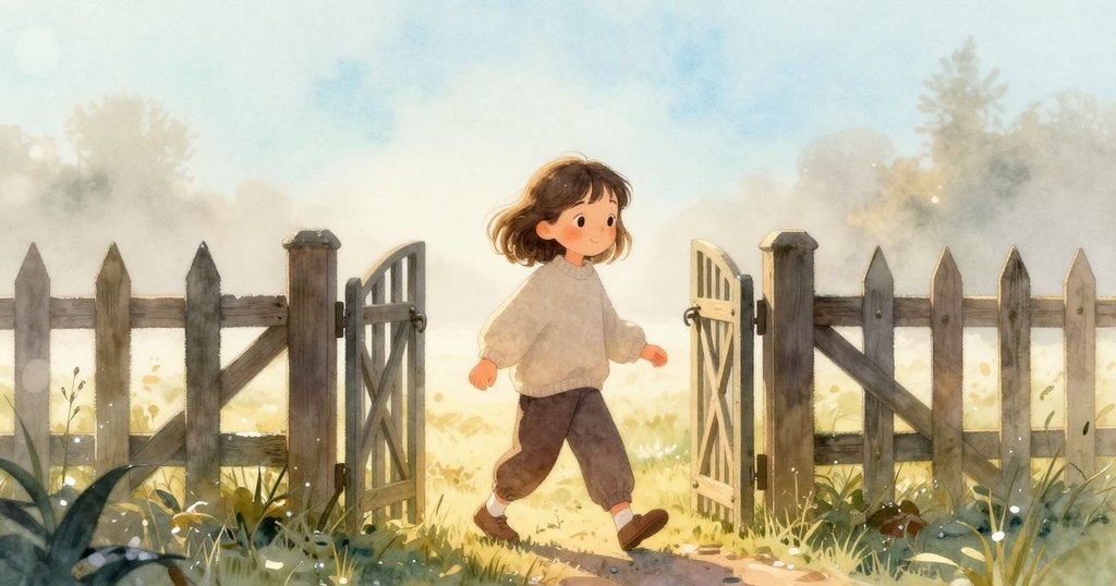 在淡霧中，奧拉站在緩慢打開的門前，背景是閃爍露珠的金色門欄，表情充滿期待與好奇