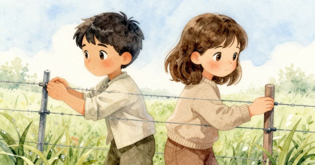 在晨光下，薩利文的手輕觸沾滿露珠的金屬門欄，露珠閃爍，呈現出細膩觸感與專注神情