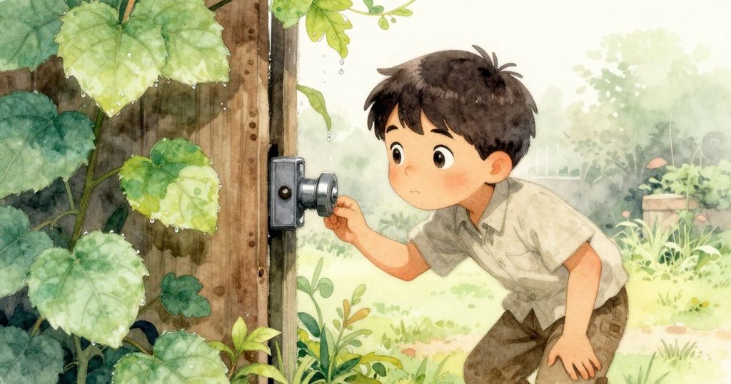 薩利文蹲在滿是露水的苔蘚中，透過自然縫隙注視著輕微晃動的金屬機關，眼神充滿好奇和細緻的關注