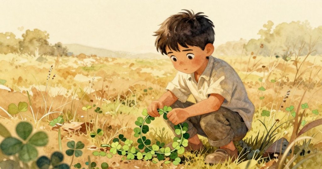 薩利文蹲坐在綠茵茵的苜蓿間，專注地編織著一個由斷裂莖條構成的花環，充滿寧靜與沉思的氛圍