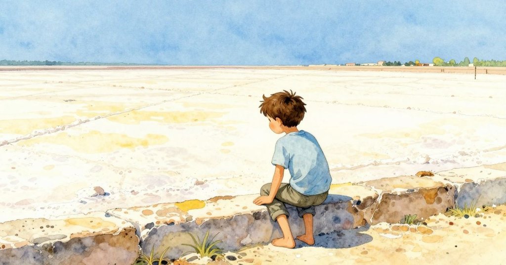 伊恩站在鹽灘低牆邊，眼神注視廣闊鹽面，陽光明媚，心情平靜探索景致