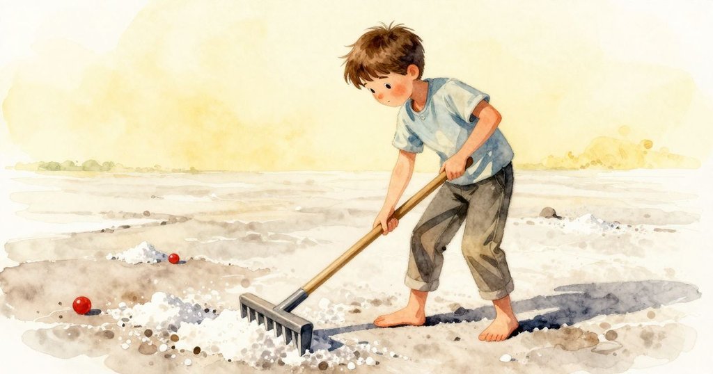 伊恩專注調整木耙在鹽面上，手法細緻，回憶湧現，燦爛溫暖光線中展現技藝