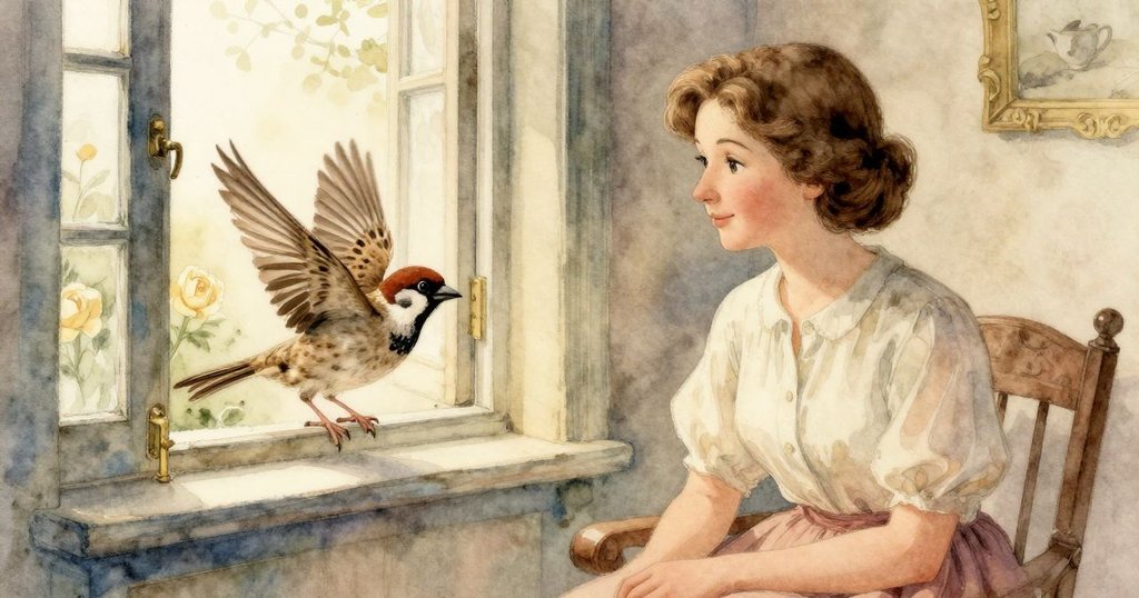 達芙妮站在開放門口外，凝視室內窗台上落定的小麻雀，場景溫暖細膩，表情充滿期待。