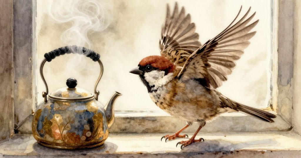 窗台上小麻雀專注地棲息，蒸汽從茶壺上升，玻璃上凝結水珠，細緻溫暖的室內景象。