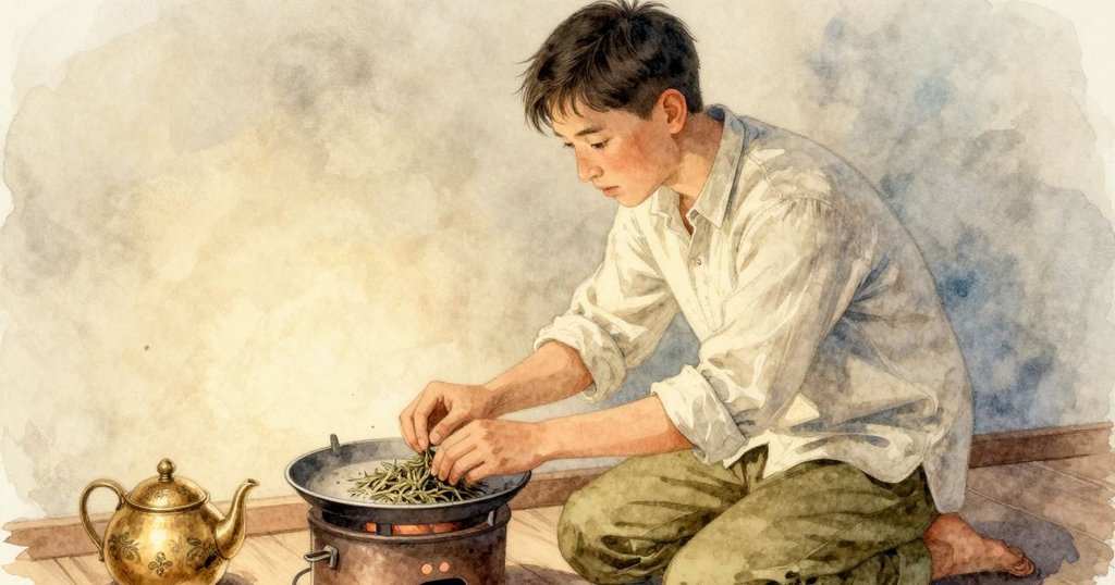 室內茶館中，男子彎身於低火爐邊精心處理茶葉，神情專注，燈光柔和溫暖，場景充滿懷舊氣息。