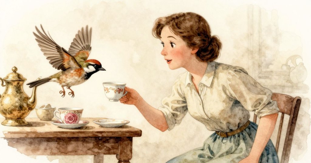 達芙妮踏入茶館內，伸手取杯時驚見小麻雀振翅而起，表情流露驚喜與好奇，室內溫馨動態場面。