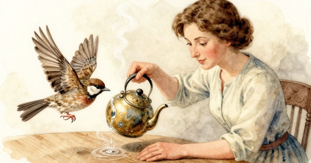 達芙妮專注地調整倒水動作，茶桌上精緻的蒸氣圖案映襯著小麻雀靜默滿足的神態，近距離呈現細節。