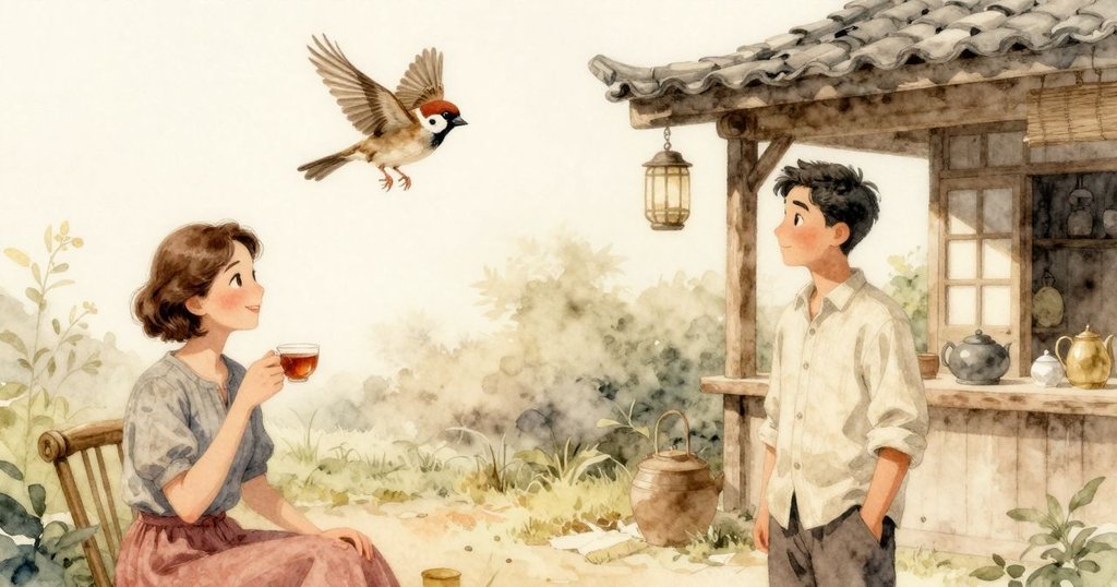 小麻雀在窗外輕輕盤旋，達芙妮品茶臉帶微笑，男子靜靜觀望，室內外景融合呈現溫馨結尾。