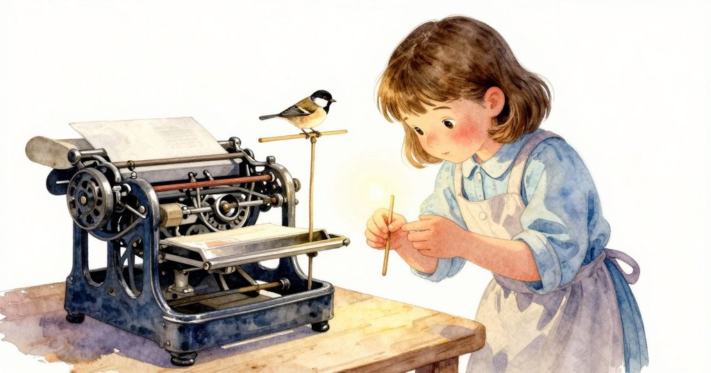 在古老印刷室內，Nina站在木製打字機旁觀察，一隻小麻雀落在組字棒上，燈光柔和照射，呈現驚奇場景。