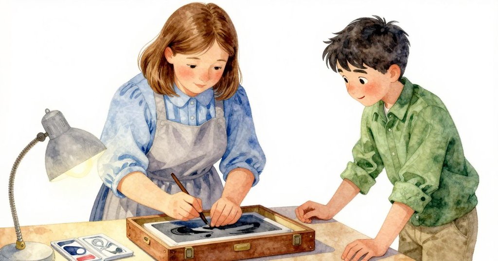 從高處俯視，Nina輕撫調整組字棒，背景中Kieran站在墨台旁，燈光與細節營造出精緻印刷場景。