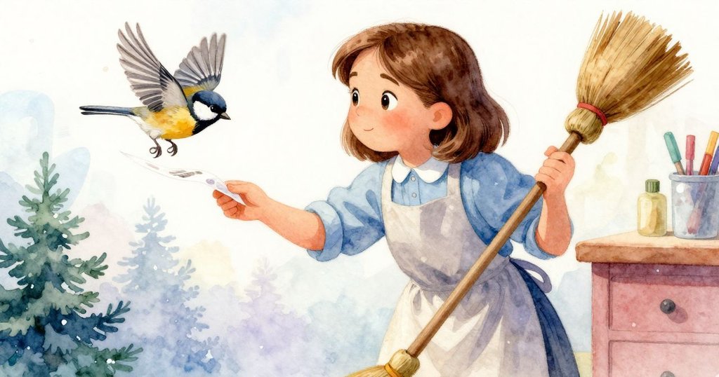 動感場景中，麻雀迅速俯衝竊取紙條，Nina持掃帚站立旁觀，背景散落紙片與墨跡，充滿活力與趣味。