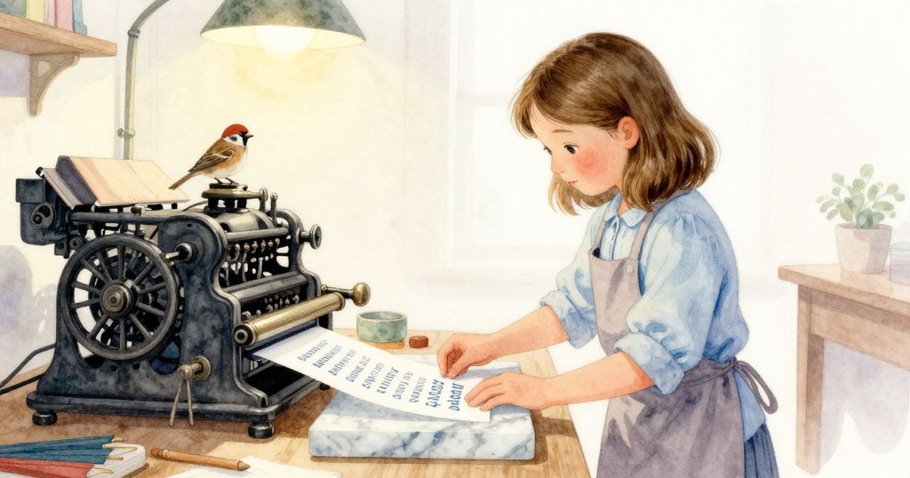 寧靜寬幅畫面呈現古老印刷室，Nina站在小大理石塊上修正字母，麻雀靜靜棲息，溫暖燈光營造出柔和氛圍。