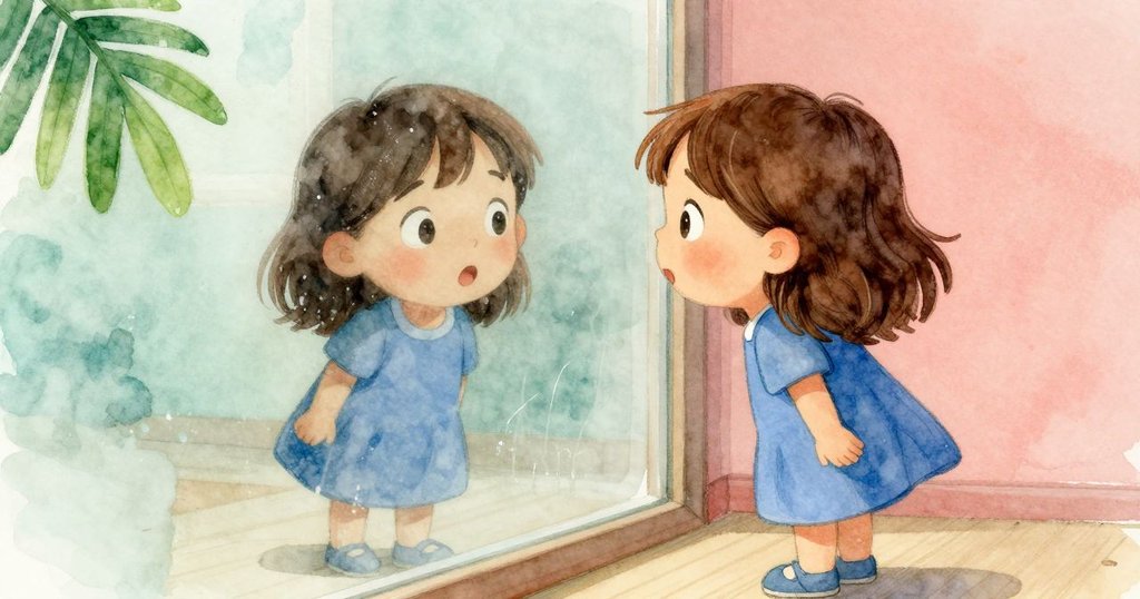 艾斯梅驚訝地望向車窗，臉龐映出水珠凝結的映像，情感細膩，探索心情躍然紙上。