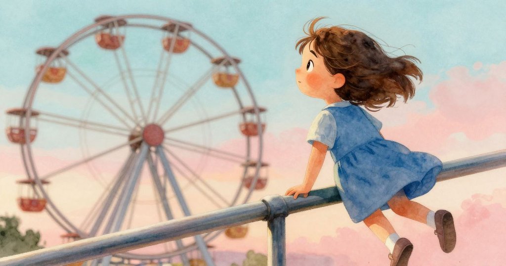 艾斯梅手指輕滑扶手上搖曳的磨痕，摩天輪緩緩轉動，動態模糊顯示旅程的流動感。