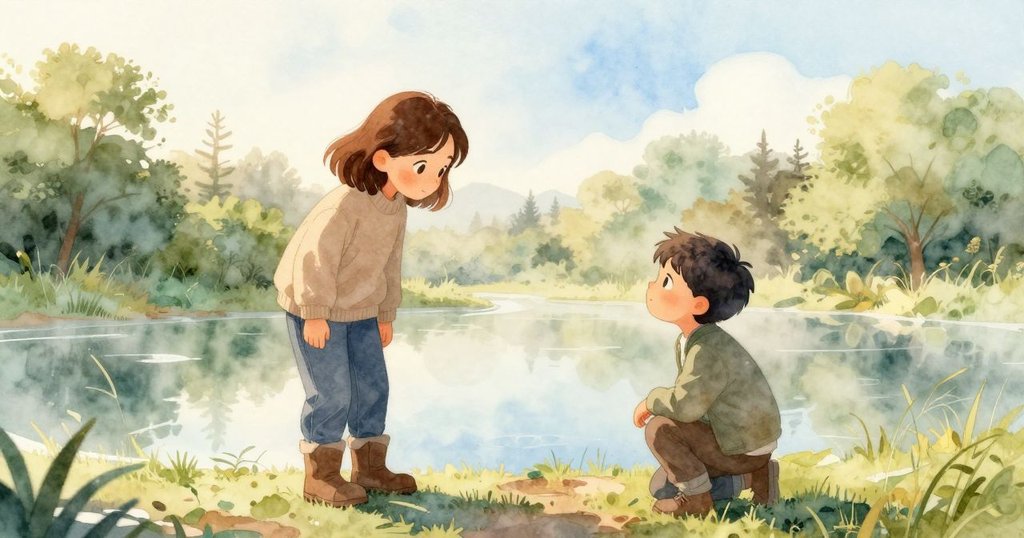 德莉雅在半冰池塘邊跪著觸摸濕泥,馬可靜立背景中,晨光柔和,展現春天蘇醒的溫暖氛圍