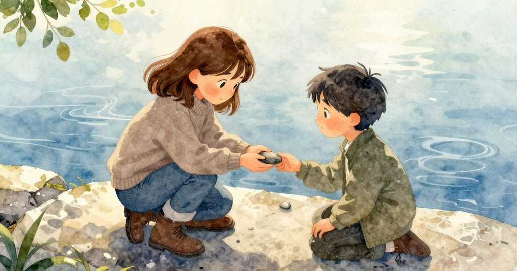 高角度俯視德莉雅手持圓盤,馬可靜默伸出小石,背景融冰水面呈現細膩情感與季節轉換