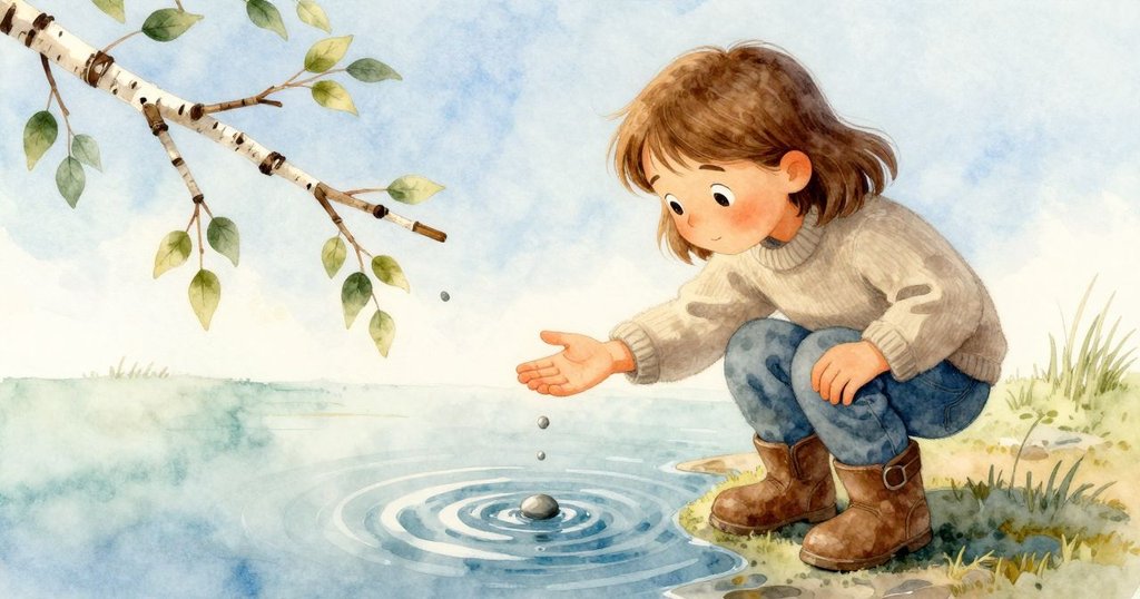 德莉雅釋放小石滑入水中,樹枝旁產生同心漣漪,捕捉自然動態,表達靜謐與細膩的情感