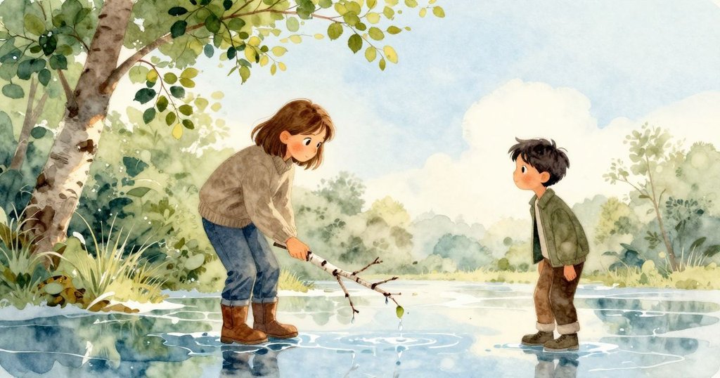 德莉雅與馬可並肩靜立,注視樹枝劃新圓,冰層逐漸消融,展現大自然緩慢轉變與詩意結局