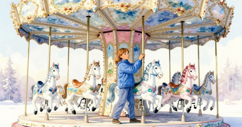 Bethan在旋轉木馬上調整工具,騎著灰馬,周圍銅柱閃耀,光線柔和,神情堅定充滿期待