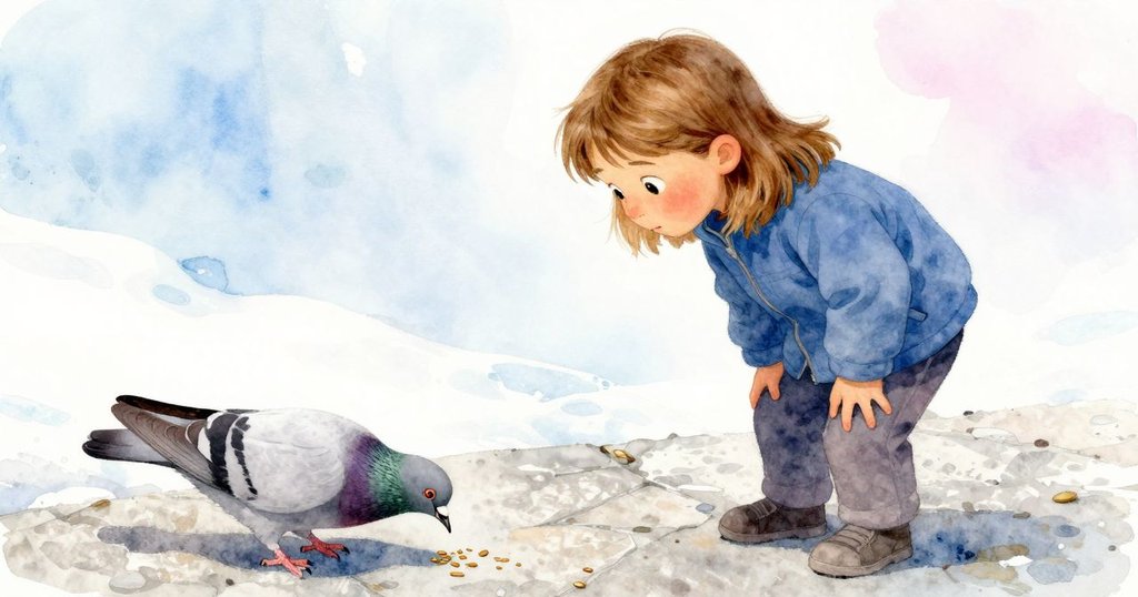 Bethan視角捕捉閃銀鴿子在石板間啄食種子,細節清晰,背景玫瑰花瓣點綴,情感細膩溫柔