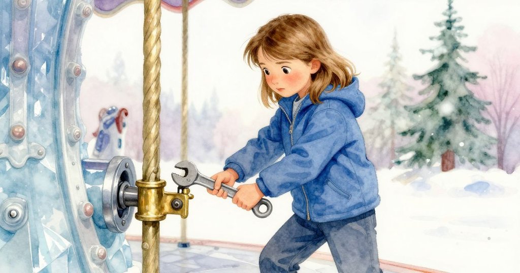 Bethan在旋轉木馬頂部發現銅夾鬆動,專注操作扭轉扳手,光線映照下金屬微光閃爍,情緒堅定