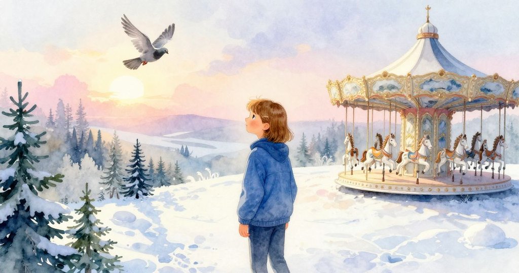 Bethan於寧靜午後退後觀望旋轉木馬緩降,鴿子展翅飛翔,金色光影下流露勝利與平和情懷