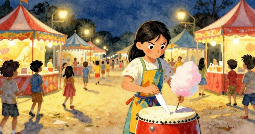 阿爾瑪在黃昏露天攤位前整理紙錐，背景呈現公平燈光與溫暖氣氛，充滿期待。