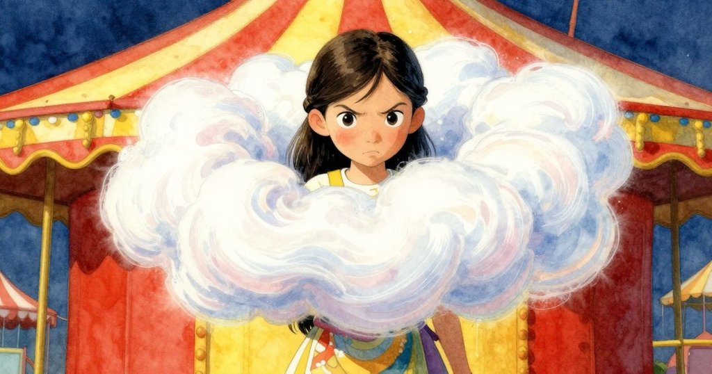 阿爾瑪轉動錐子時，旋轉中的糖霜霧氣彷彿隨著音符飄動，畫面呈現夢幻效果。