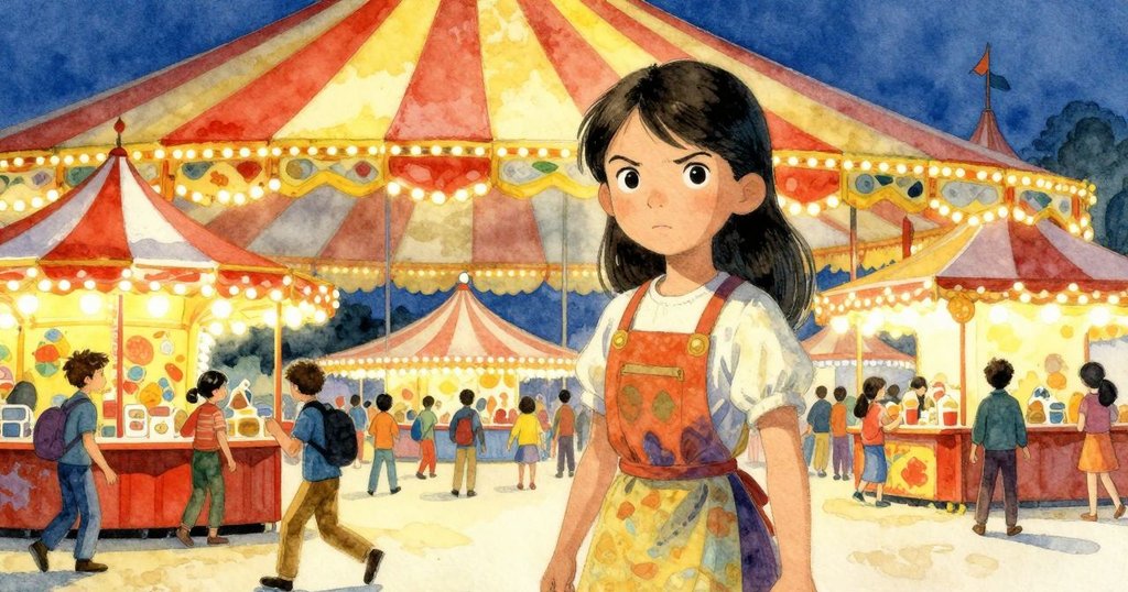 阿爾瑪在燈光閃爍的條紋棚下工作，背景有箭矢聲與集市景象，熱鬧且充滿溫暖活力。