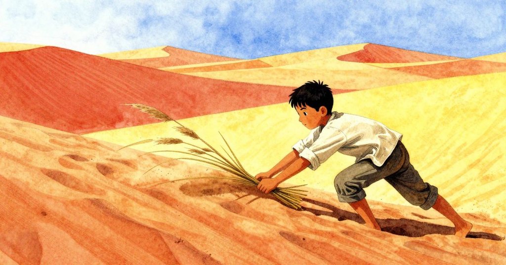 Kit 在沙丘頂上努力推動一根細長的竿子，沙粒隨風流動，展現探索自然奧秘的動作與熱忱