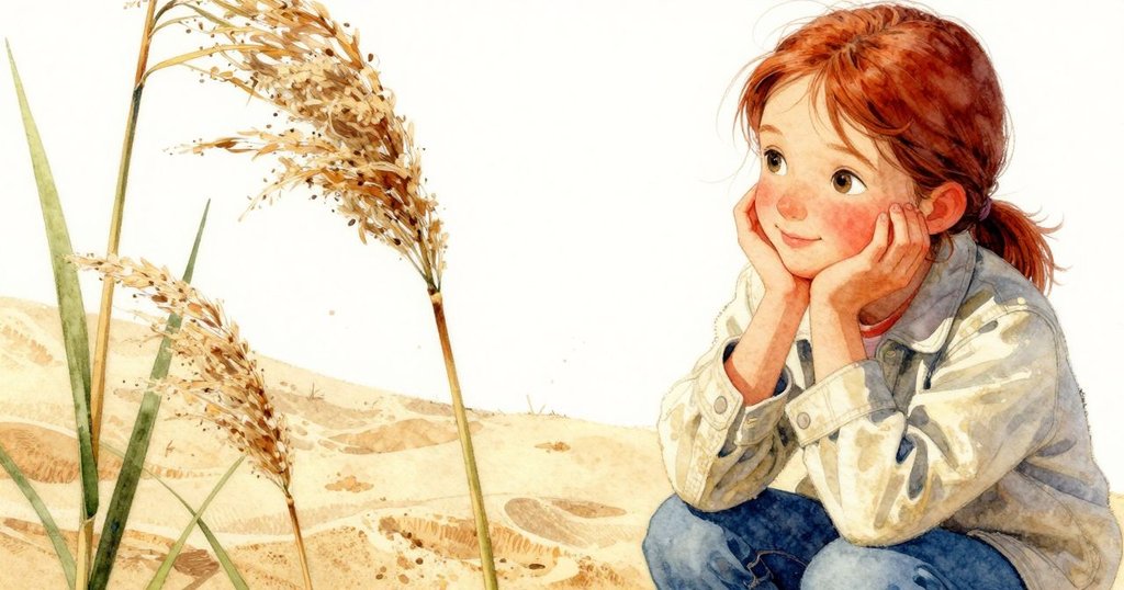 Roslyn 蹲在沙丘上，筆記本隨意放在沙面上，聚焦細節展現竿子與沙粒流動的質感與靜謐