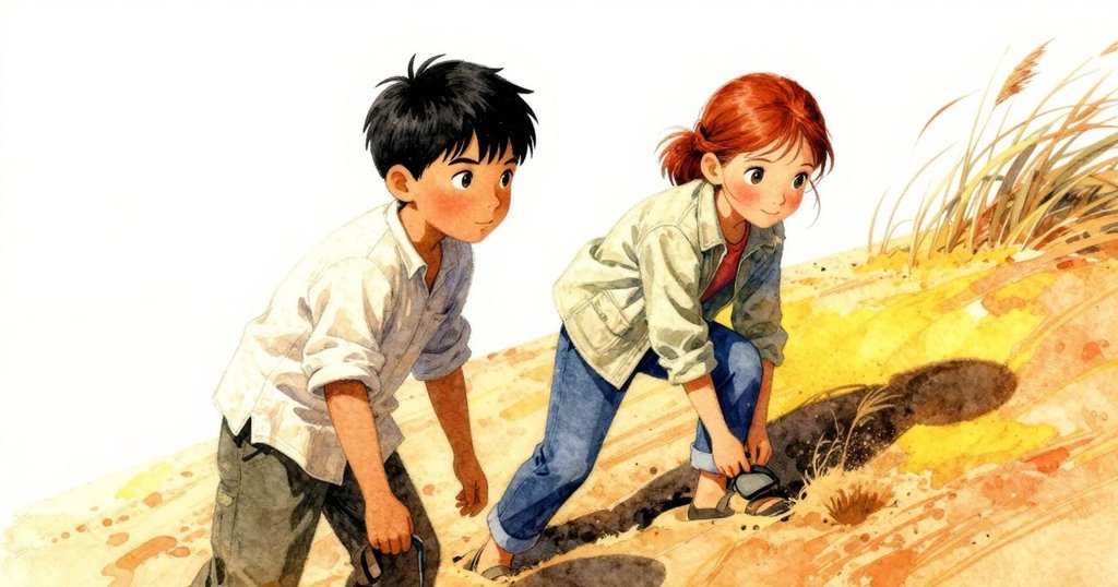 Kit 小心踏在移動的沙丘上，Roslyn 觀察竿子影子隨風遊動，畫面以斜視角展現動態風沙律動