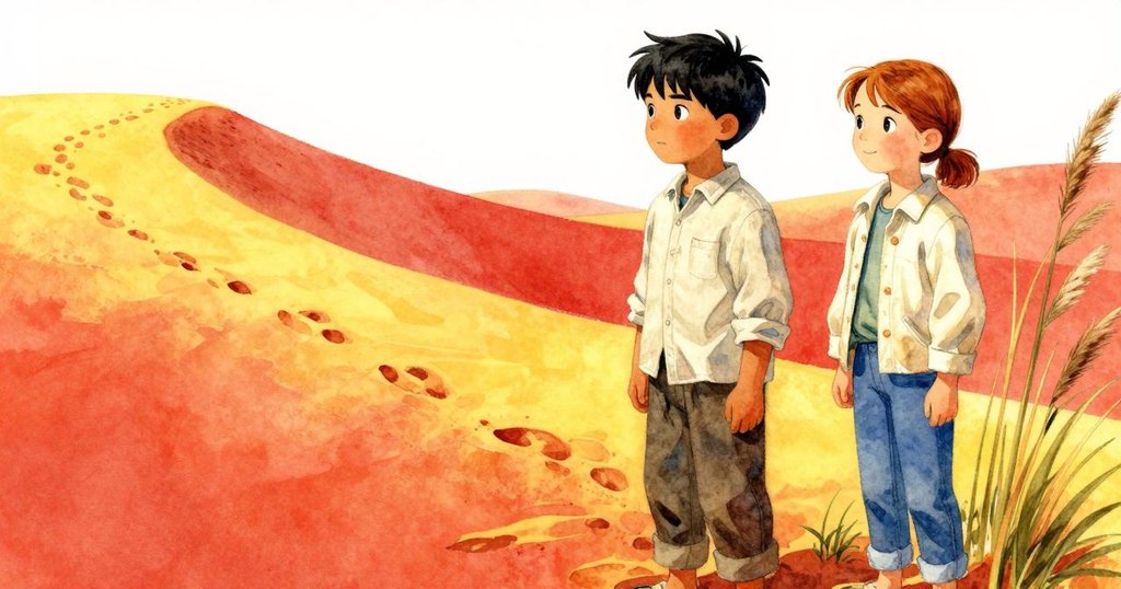 Kit 與 Roslyn 站在穩固沙丘上，凝視著沙粒覆蓋足跡的變化，畫面平靜中帶著過渡空間的深思