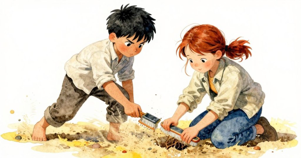 Kit 跪在沙丘上迅速清掃沙粒，Roslyn 快速將泥片插入竿下，畫面充滿動勢與發現自然奧秘的急迫感