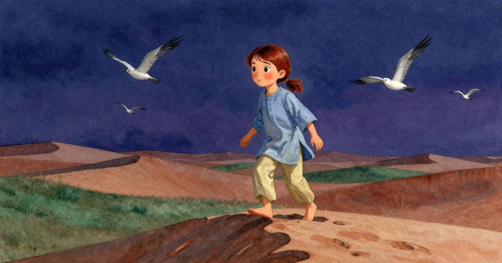 格里爾踩過灌木根部踏上沙丘頂,周圍有飛舞的沙漠鳥,天空呈現柔和藍紫色,充滿動感與生機