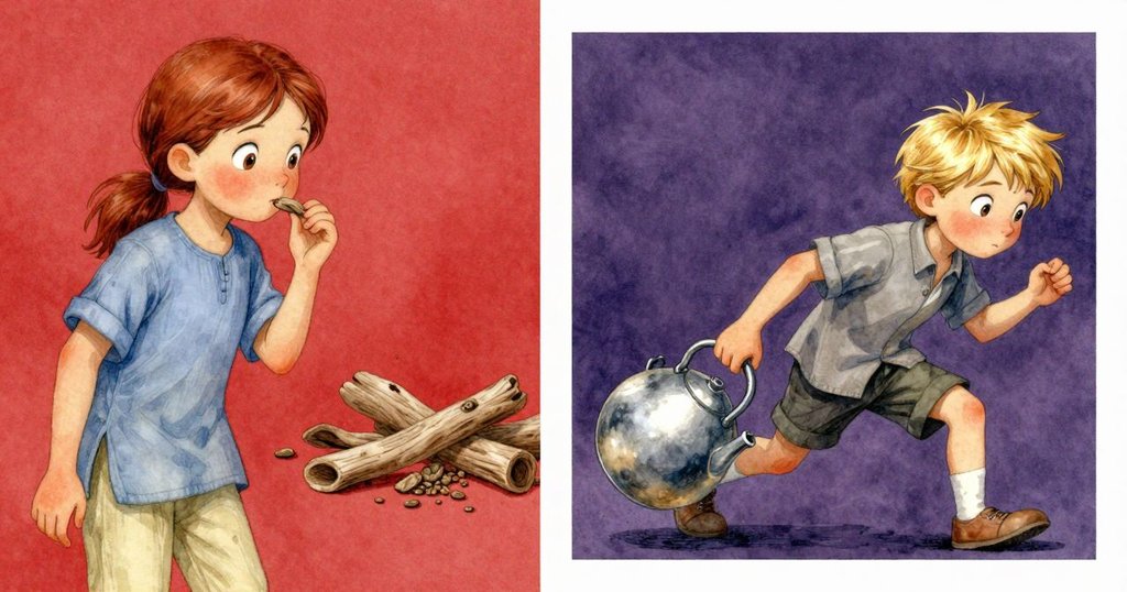 分割畫面左側格里爾嘗試沙丘砂粒味道,右側阿洛追逐滾落的水壺,背景為流動沙丘及轉變的光影