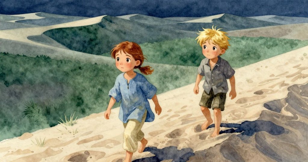 從高位遠眺,沙丘緩慢移動,格里爾與阿洛在廣闊沙漠中行走,柔和光影中展現動態變化