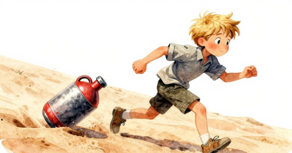 阿洛急速追趕滾動水壺,沙丘上留下動態軌跡,背景光線明亮且富有動感,表現追逐緊迫