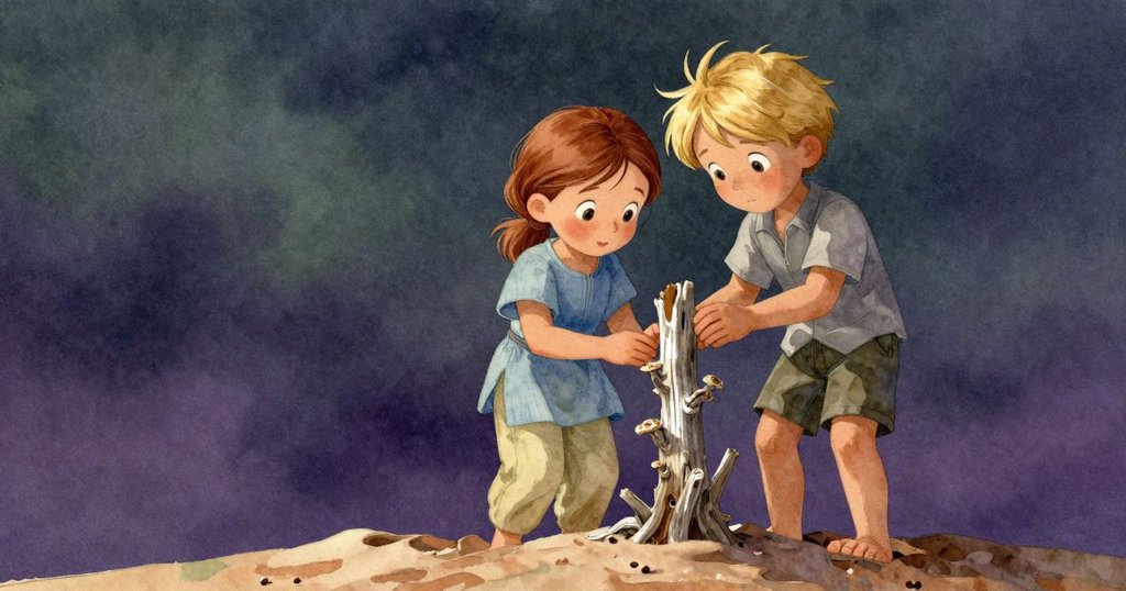 格里爾扶起摔倒的阿洛,兩人齊聚沙丘頂,共同觀察染上棕色的新痕與神秘菌絲,臉上流露驚奇與溫柔