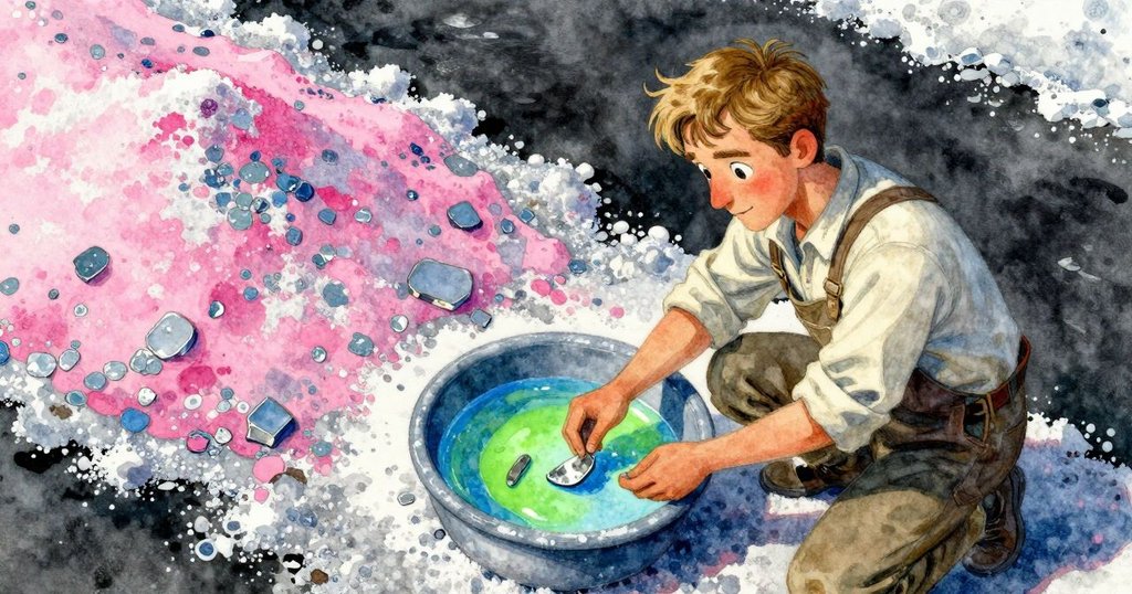 費徹在鹽池邊觀察神秘金屬碎片,鹽晶光芒閃爍,環境充滿戲劇性對比